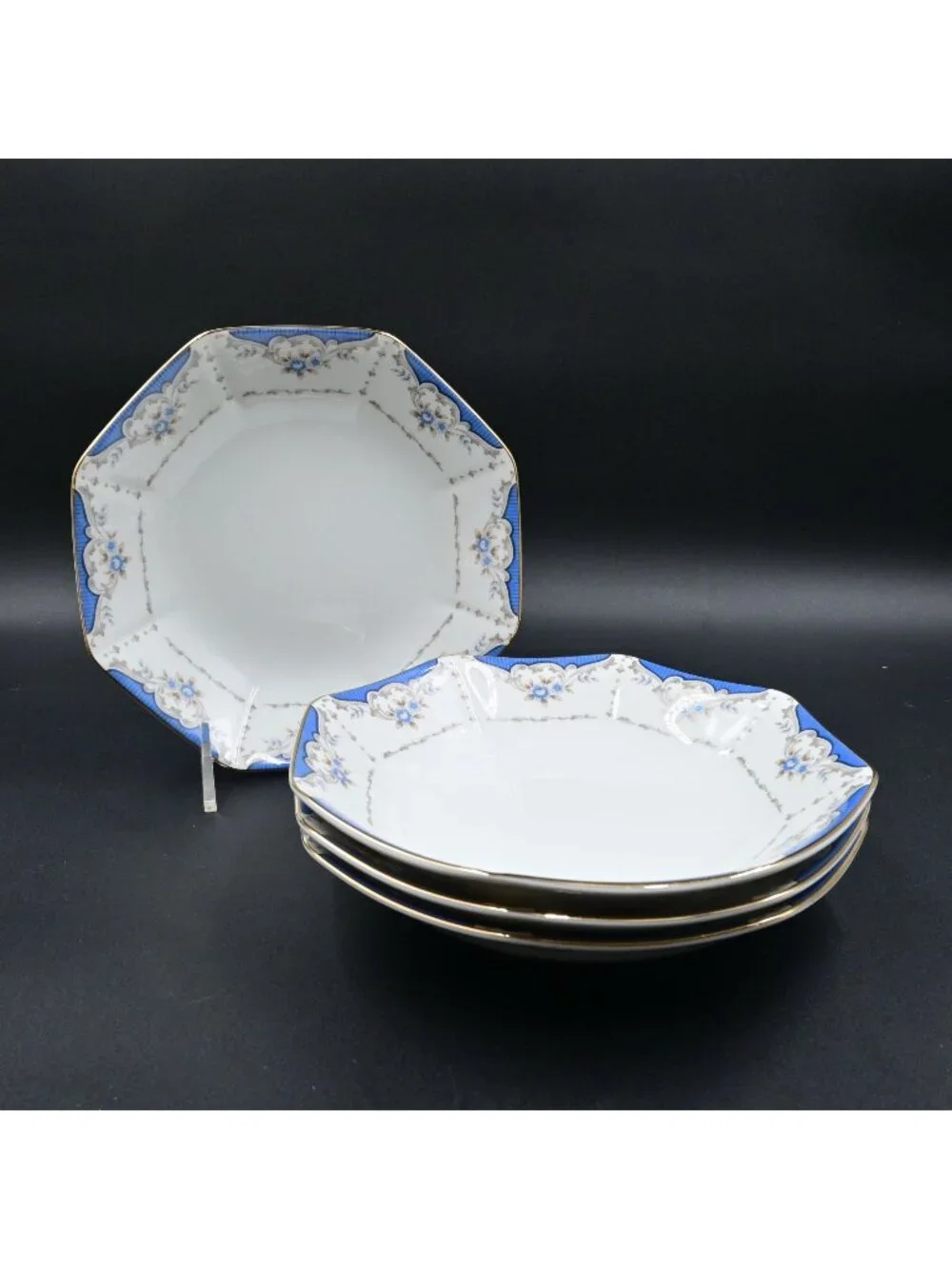 Seizan Mood Indigo 7936 Bowls Japan Octagonal Blue Floral Vintage Set Of 4